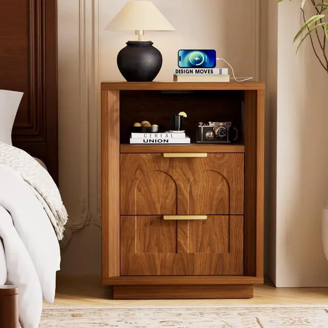 Alt view image 4 of 7 - Large Two-Piece Bedside Table Set, 2-Drawer Side Table, Spacious Storage Side Table With Type-C Charging Station And Metal Handles, Suitable For Bedrooms, Living Rooms, And Offices, Walnut
