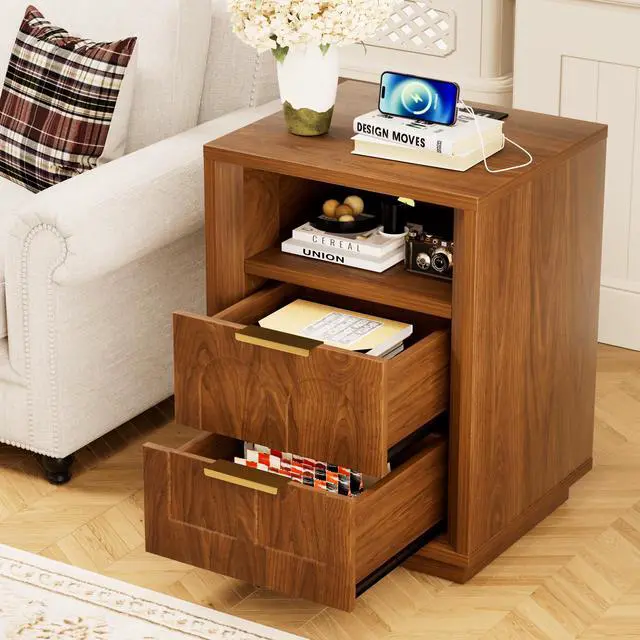 Alt view image 5 of 7 - Large Two-Piece Bedside Table Set, 2-Drawer Side Table, Spacious Storage Side Table With Type-C Charging Station And Metal Handles, Suitable For Bedrooms, Living Rooms, And Offices, Walnut