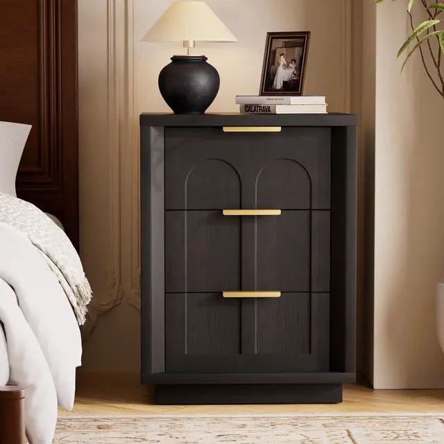 Alt view image 2 of 7 - Two-Piece Nightstand Set With Arched Grooves, Large Side Table With Three Drawers, Spacious Storage Side Table With Metal Handles, Suitable For Bedrooms, Living Rooms, And Offices, Black