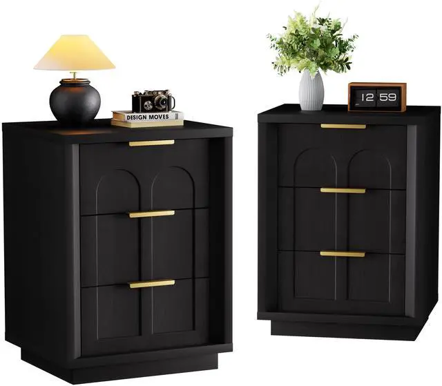 Main image of Two-Piece Nightstand Set With Arched Grooves, Large Side Table With Three Drawers, Spacious Storage Side Table With Metal Handles, Suitable For Bedrooms, Living Rooms, And Offices, Black