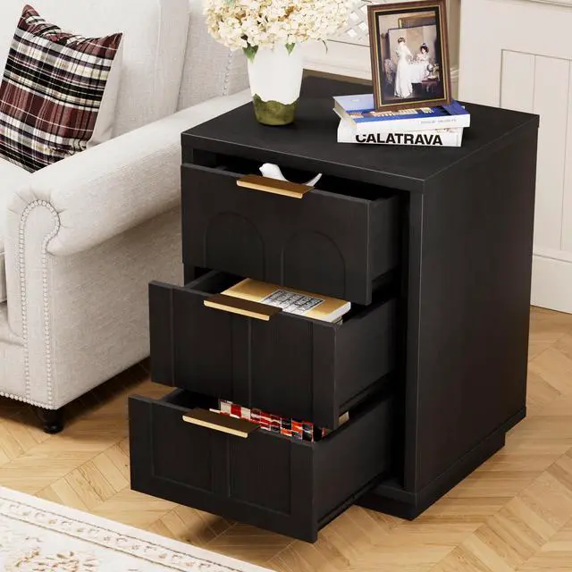 Alt view image 4 of 7 - Two-Piece Nightstand Set With Arched Grooves, Large Side Table With Three Drawers, Spacious Storage Side Table With Metal Handles, Suitable For Bedrooms, Living Rooms, And Offices, Black
