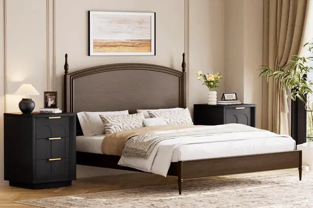 Alt view image 6 of 7 - Two-Piece Nightstand Set With Arched Grooves, Large Side Table With Three Drawers, Spacious Storage Side Table With Metal Handles, Suitable For Bedrooms, Living Rooms, And Offices, Black