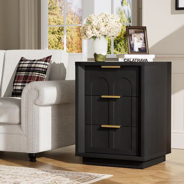 Alt view image 5 of 7 - Two-Piece Nightstand Set With Arched Grooves, Large Side Table With Three Drawers, Spacious Storage Side Table With Metal Handles, Suitable For Bedrooms, Living Rooms, And Offices, Black