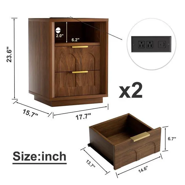 Alt view image 7 of 7 - Large Two-Piece Bedside Table Set, 2-Drawer Side Table, Spacious Storage Side Table With Type-C Charging Station And Metal Handles, Suitable For Bedrooms, Living Rooms, And Offices, Walnut