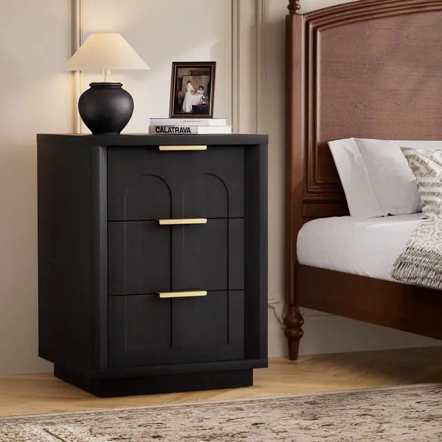 Alt view image 3 of 7 - Two-Piece Nightstand Set With Arched Grooves, Large Side Table With Three Drawers, Spacious Storage Side Table With Metal Handles, Suitable For Bedrooms, Living Rooms, And Offices, Black