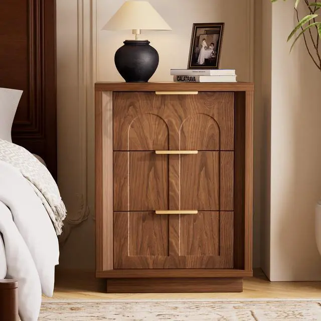 Alt view image 2 of 7 - Two-Piece Nightstand Set With Arched Grooves, Large Side Table With Three Drawers, Spacious Storage Side Table With Metal Handles, Suitable For Bedrooms, Living Rooms, And Offices, Walnut