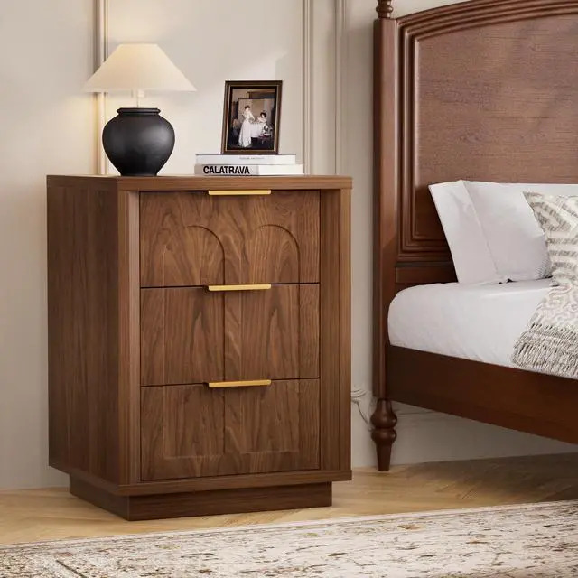Alt view image 3 of 7 - Two-Piece Nightstand Set With Arched Grooves, Large Side Table With Three Drawers, Spacious Storage Side Table With Metal Handles, Suitable For Bedrooms, Living Rooms, And Offices, Walnut