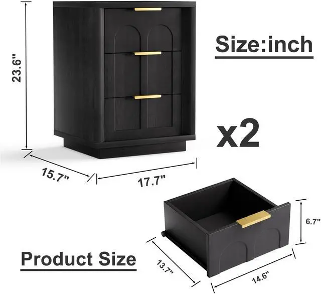 Alt view image 7 of 7 - Two-Piece Nightstand Set With Arched Grooves, Large Side Table With Three Drawers, Spacious Storage Side Table With Metal Handles, Suitable For Bedrooms, Living Rooms, And Offices, Black