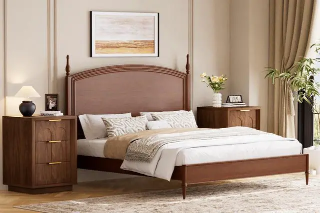 Alt view image 6 of 7 - Two-Piece Nightstand Set With Arched Grooves, Large Side Table With Three Drawers, Spacious Storage Side Table With Metal Handles, Suitable For Bedrooms, Living Rooms, And Offices, Walnut