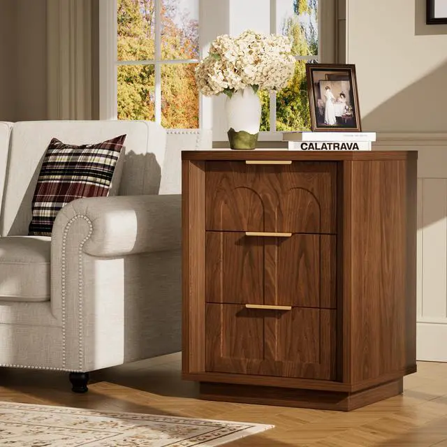 Alt view image 5 of 7 - Two-Piece Nightstand Set With Arched Grooves, Large Side Table With Three Drawers, Spacious Storage Side Table With Metal Handles, Suitable For Bedrooms, Living Rooms, And Offices, Walnut