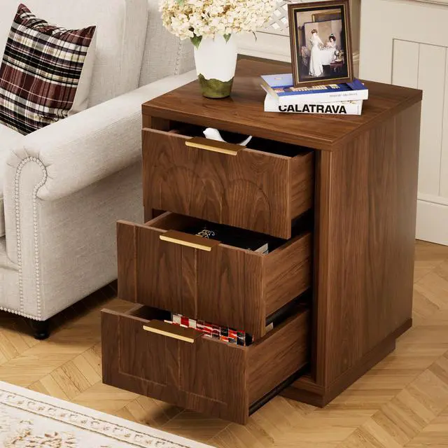 Alt view image 4 of 7 - Two-Piece Nightstand Set With Arched Grooves, Large Side Table With Three Drawers, Spacious Storage Side Table With Metal Handles, Suitable For Bedrooms, Living Rooms, And Offices, Walnut