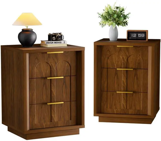 Main image of Two-Piece Nightstand Set With Arched Grooves, Large Side Table With Three Drawers, Spacious Storage Side Table With Metal Handles, Suitable For Bedrooms, Living Rooms, And Offices, Walnut