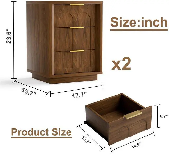 Alt view image 7 of 7 - Two-Piece Nightstand Set With Arched Grooves, Large Side Table With Three Drawers, Spacious Storage Side Table With Metal Handles, Suitable For Bedrooms, Living Rooms, And Offices, Walnut
