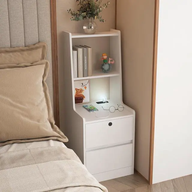 Main image of Nightstand With Charging Station, Smart Nightstand With Night Light, Modern Night Stand With Bookshelf, Bedside Tables With Storage Cabinet For Bedroom, White