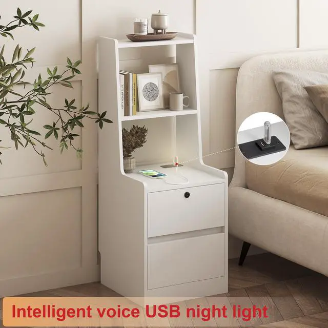 Alt view image 4 of 7 - Nightstand With Charging Station, Smart Nightstand With Night Light, Modern Night Stand With Bookshelf, Bedside Tables With Storage Cabinet For Bedroom, White