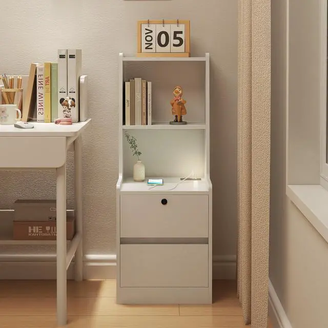 Alt view image 7 of 7 - Nightstand With Charging Station, Smart Nightstand With Night Light, Modern Night Stand With Bookshelf, Bedside Tables With Storage Cabinet For Bedroom, White