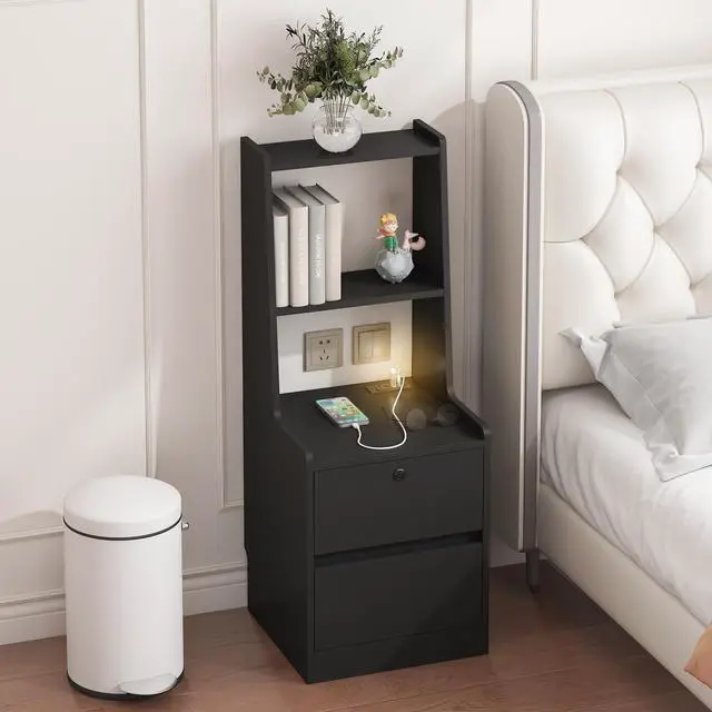 Main image of Nightstand With Charging Station, Smart Nightstand With Night Light, Modern Night Stand With Bookshelf, Bedside Tables With Storage Cabinet For Bedroom, Black