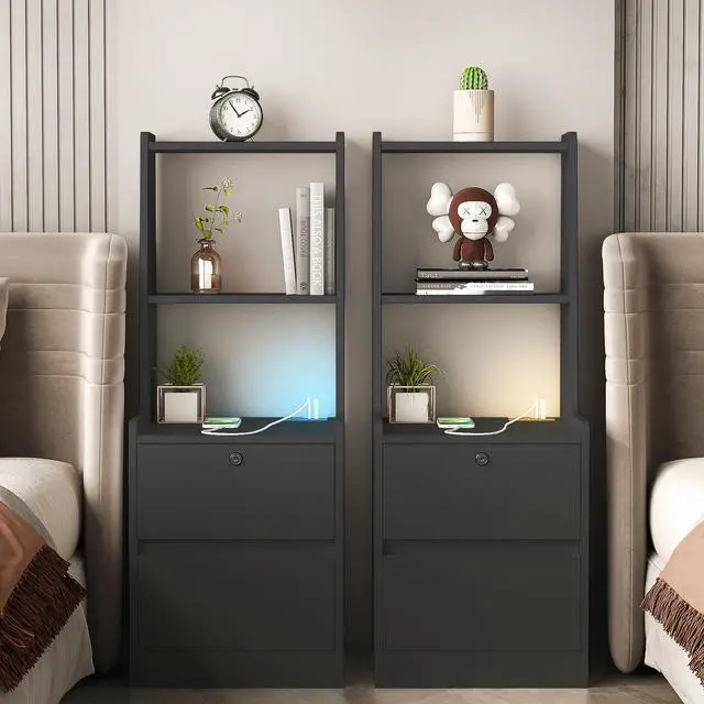 Alt view image 5 of 7 - Nightstand With Charging Station, Smart Nightstand With Night Light, Modern Night Stand With Bookshelf, Bedside Tables With Storage Cabinet For Bedroom, Black