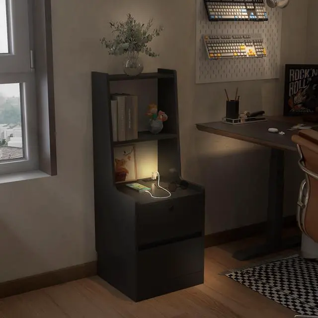 Alt view image 4 of 7 - Nightstand With Charging Station, Smart Nightstand With Night Light, Modern Night Stand With Bookshelf, Bedside Tables With Storage Cabinet For Bedroom, Black