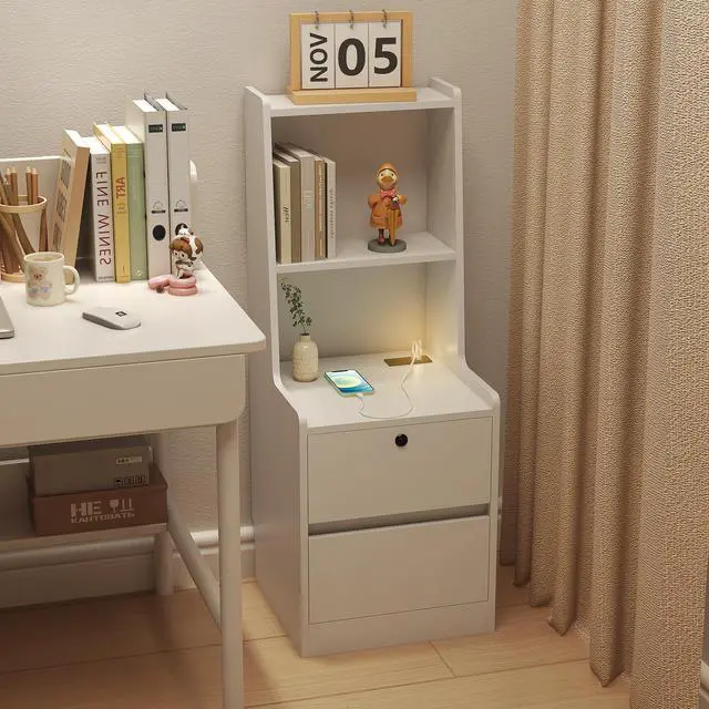 Alt view image 6 of 7 - Nightstand With Charging Station, Smart Nightstand With Night Light, Modern Night Stand With Bookshelf, Bedside Tables With Storage Cabinet For Bedroom, White