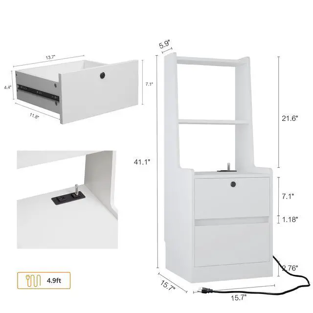 Alt view image 7 of 7 - Nightstands Set Of 2, With Charging Station, Smart Nightstand With Night Light, Modern Night Stand With Bookshelf, Bedside Tables With Storage Cabinet For Bedroom,White