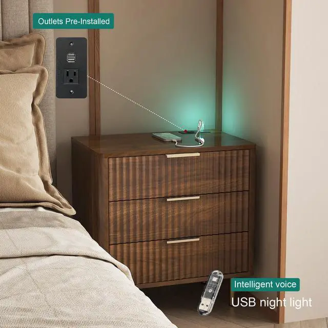Alt view image 2 of 7 - Nightstand With Charging Station, Smart Nightstand With Night Light, Modern Night Stand With Storage Cabinet For Bedroom, Wood