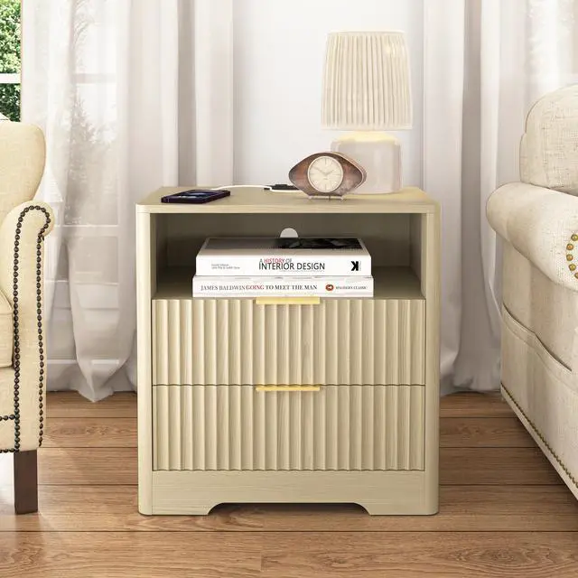 Main image of Nightstand With Charging Station, Smart Nightstand With Night Light,Bedside Tables With Storage Cabinet For Bedroom, Wood