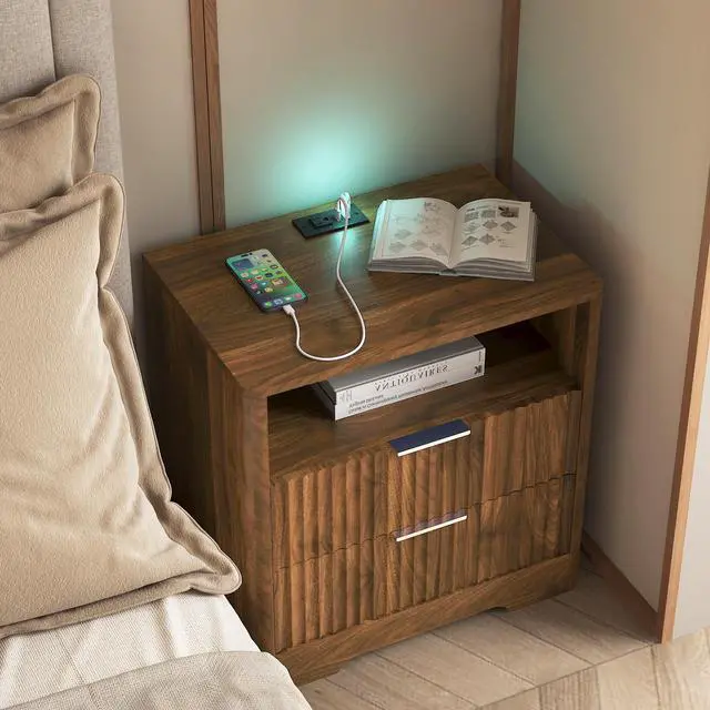 Alt view image 2 of 7 - Nightstand With Charging Station, Smart Nightstand With Night Light,Bedside Tables With Storage Cabinet For Bedroom, Wood