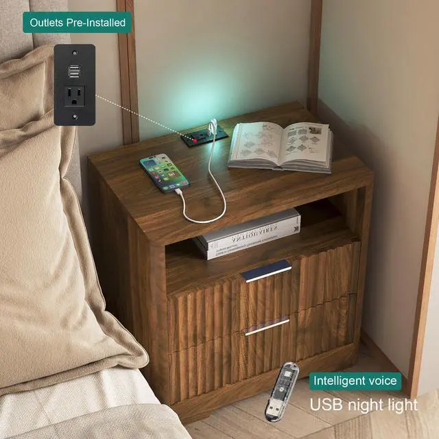 Alt view image 3 of 7 - Nightstand With Charging Station, Smart Nightstand With Night Light,Bedside Tables With Storage Cabinet For Bedroom, Wood