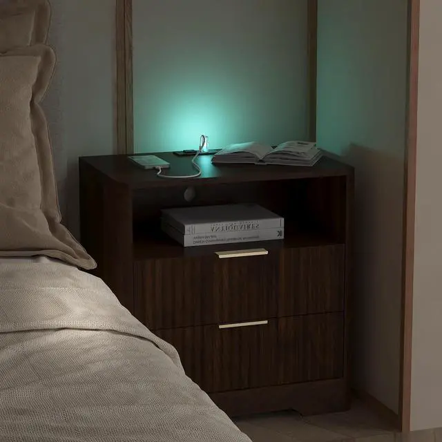Alt view image 4 of 7 - Nightstand With Charging Station, Smart Nightstand With Night Light,Bedside Tables With Storage Cabinet For Bedroom, Wood