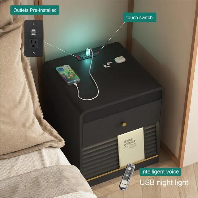Alt view image 2 of 7 - Nightstand With Charging Station, Smart Nightstand With Night Light,With Led Lights,Bedside Tables With Storage Cabinet For Bedroom,Black