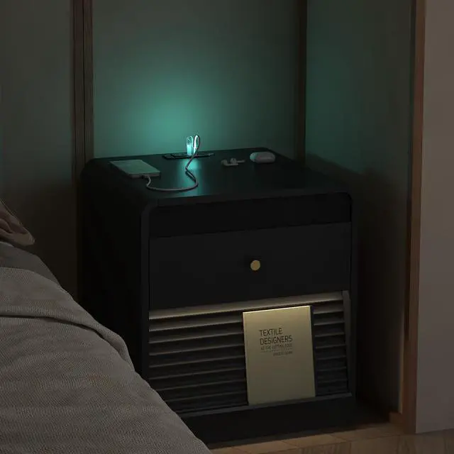 Alt view image 4 of 7 - Nightstand With Charging Station, Smart Nightstand With Night Light,With Led Lights,Bedside Tables With Storage Cabinet For Bedroom,Black
