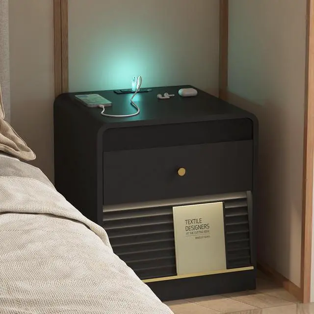 Alt view image 5 of 7 - Nightstand With Charging Station, Smart Nightstand With Night Light,With Led Lights,Bedside Tables With Storage Cabinet For Bedroom,Black
