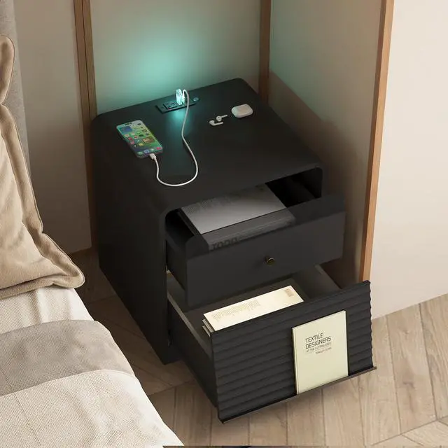 Alt view image 6 of 7 - Nightstand With Charging Station, Smart Nightstand With Night Light,With Led Lights,Bedside Tables With Storage Cabinet For Bedroom,Black