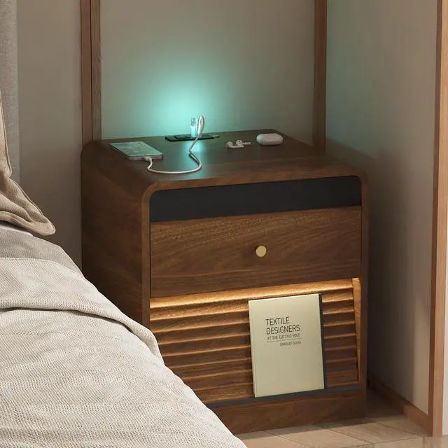 Alt view image 3 of 7 - Nightstand With Charging Station, Smart Nightstand With Night Light,With Led Lights,Bedside Tables With Storage Cabinet For Bedroom,Wood