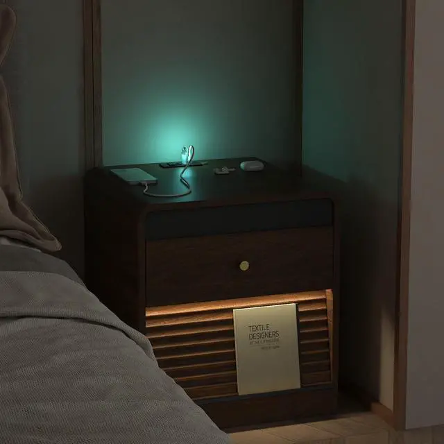 Alt view image 4 of 7 - Nightstand With Charging Station, Smart Nightstand With Night Light,With Led Lights,Bedside Tables With Storage Cabinet For Bedroom,Wood