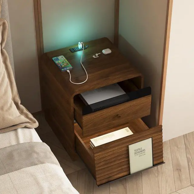 Alt view image 5 of 7 - Nightstand With Charging Station, Smart Nightstand With Night Light,With Led Lights,Bedside Tables With Storage Cabinet For Bedroom,Wood