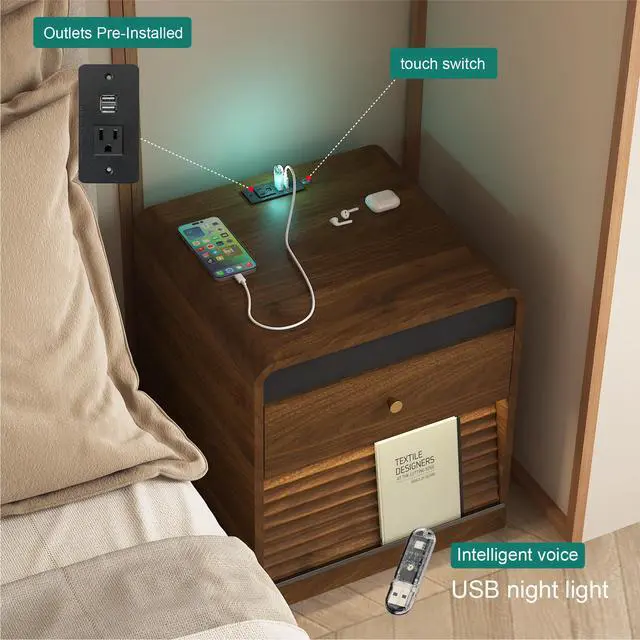 Alt view image 7 of 7 - Nightstand With Charging Station, Smart Nightstand With Night Light,With Led Lights,Bedside Tables With Storage Cabinet For Bedroom,Wood