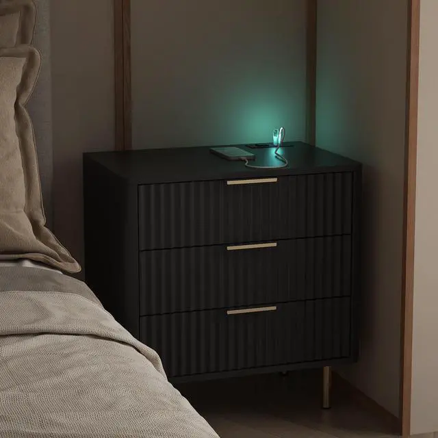 Alt view image 3 of 7 - Nightstand With Charging Station, Smart Nightstand With Night Light, Modern Night Stand With Storage Cabinet For Bedroom