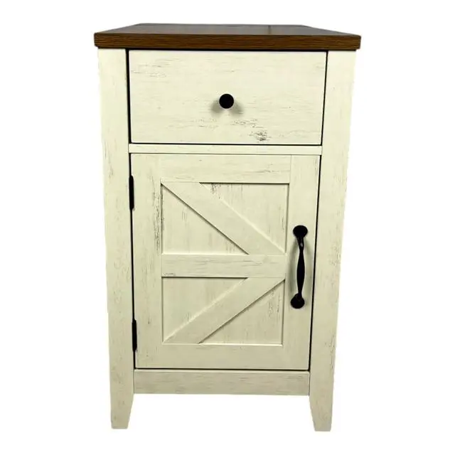 Alt view image 2 of 7 - Farmhouse End Table With Charging Station,Night Stand With Barn Door And Drawer, Storage For Bedroom Living Room ,Bedside Table, Bedside Table Brown+White Color