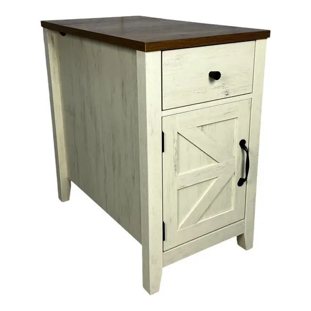 Alt view image 3 of 7 - Farmhouse End Table With Charging Station,Night Stand With Barn Door And Drawer, Storage For Bedroom Living Room ,Bedside Table, Bedside Table Brown+White Color