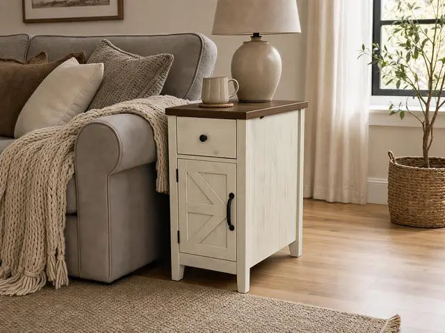 Main image of Farmhouse End Table With Charging Station,Night Stand With Barn Door And Drawer, Storage For Bedroom Living Room ,Bedside Table, Bedside Table Brown+White Color