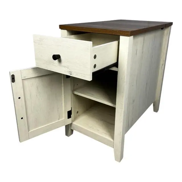 Alt view image 6 of 7 - Farmhouse End Table With Charging Station,Night Stand With Barn Door And Drawer, Storage For Bedroom Living Room ,Bedside Table, Bedside Table Brown+White Color