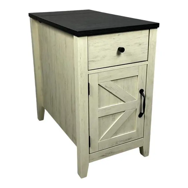 Alt view image 2 of 7 - Farmhouse End Table Bedside Table With Charging Station,Night Stand With Barn Door And Drawer, Storage For Bedroom Living Room ,Bedside Table, White+Black Color