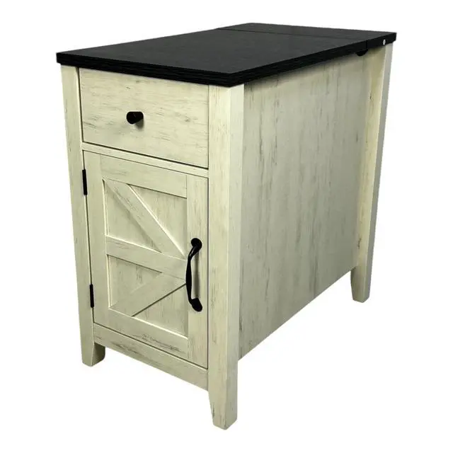 Alt view image 5 of 7 - Farmhouse End Table Bedside Table With Charging Station,Night Stand With Barn Door And Drawer, Storage For Bedroom Living Room ,Bedside Table, White+Black Color