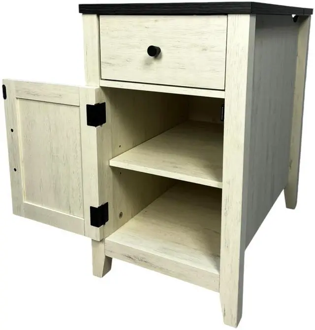 Alt view image 4 of 7 - Farmhouse End Table Bedside Table With Charging Station,Night Stand With Barn Door And Drawer, Storage For Bedroom Living Room ,Bedside Table, White+Black Color