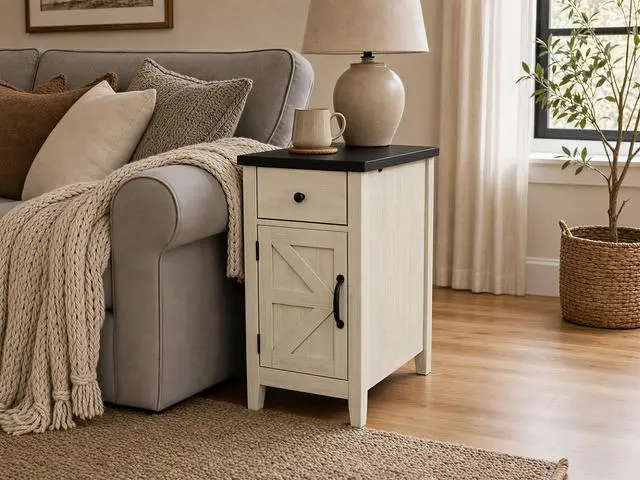 Main image of Farmhouse End Table Bedside Table With Charging Station,Night Stand With Barn Door And Drawer, Storage For Bedroom Living Room ,Bedside Table, White+Black Color