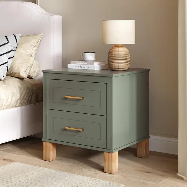 Alt view image 2 of 7 - 2 Drawer Nightstand, Premium Wood Storage With Elegant Fluted Design, Solid Wood Legs Nightstand With Metal Handle, Tall Bedside Table For Bedroom Living Room,Olive