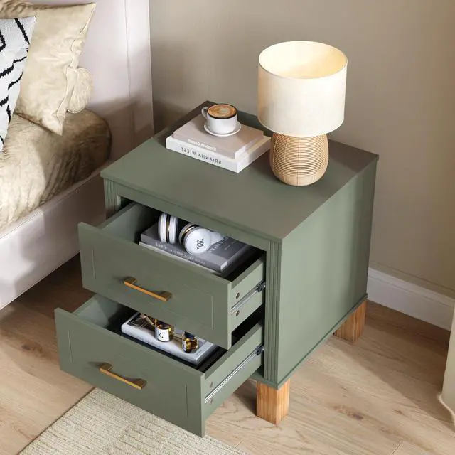 Alt view image 3 of 7 - 2 Drawer Nightstand, Premium Wood Storage With Elegant Fluted Design, Solid Wood Legs Nightstand With Metal Handle, Tall Bedside Table For Bedroom Living Room,Olive