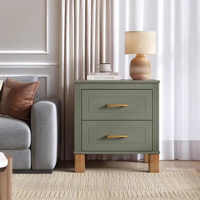 Alt view image 4 of 7 - 2 Drawer Nightstand, Premium Wood Storage With Elegant Fluted Design, Solid Wood Legs Nightstand With Metal Handle, Tall Bedside Table For Bedroom Living Room,Olive